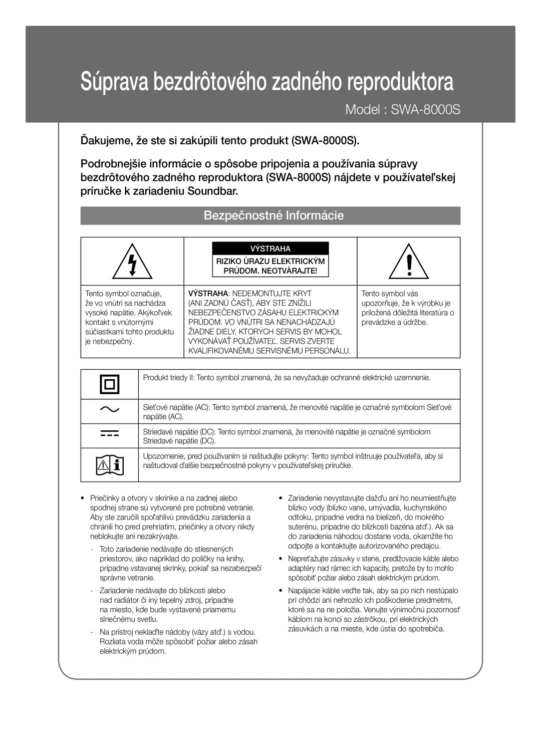 Samsung SWA-8000S/XE, SWA-8000S/EN, SWA-8000S/ZF, SWA-8000S/XN manual Bezpečnostné Informácie 