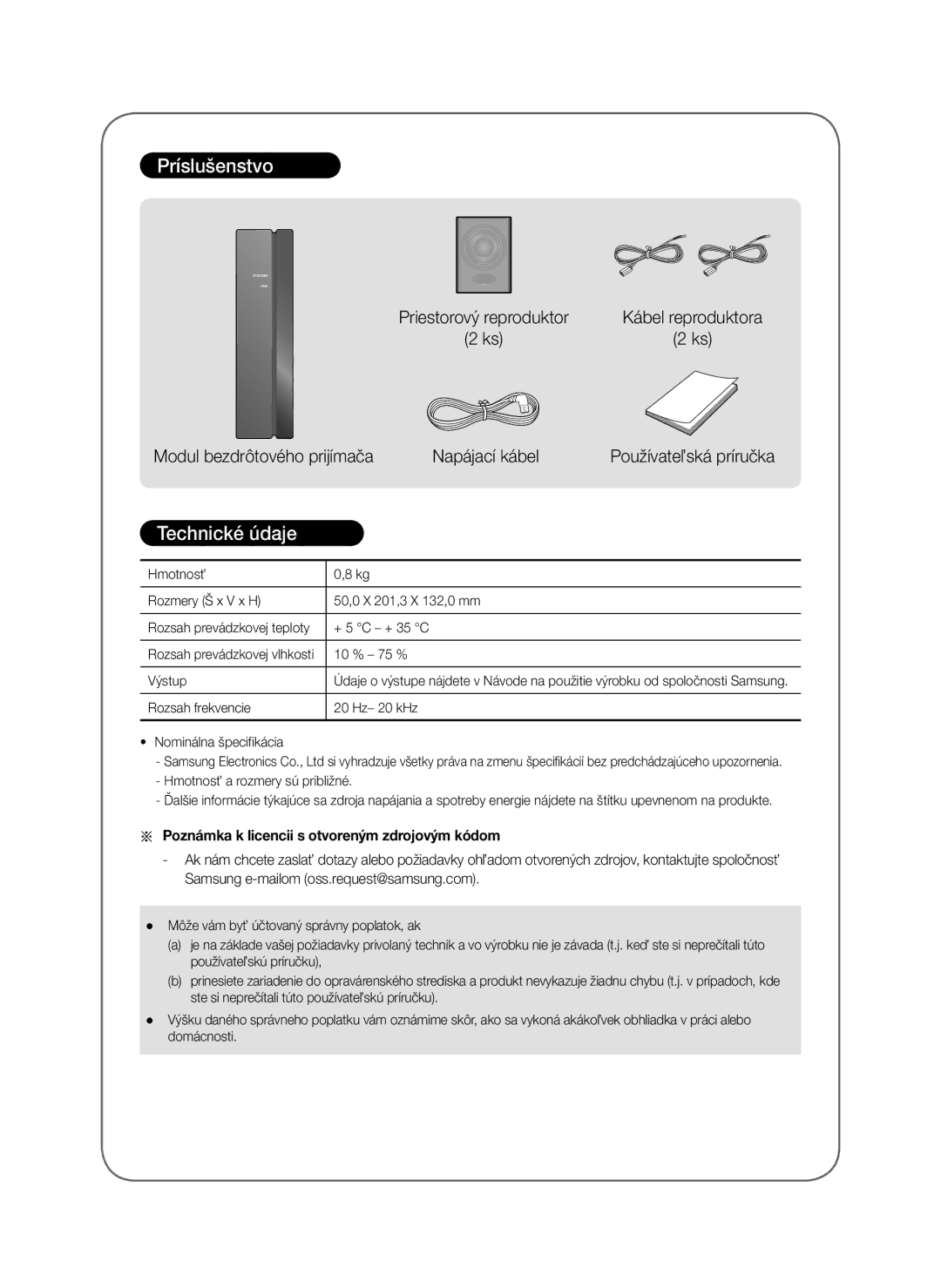 Samsung SWA-8000S/XN, SWA-8000S/EN, SWA-8000S/ZF manual Príslušenstvo, Poznámka k licencii s otvoreným zdrojovým kódom 