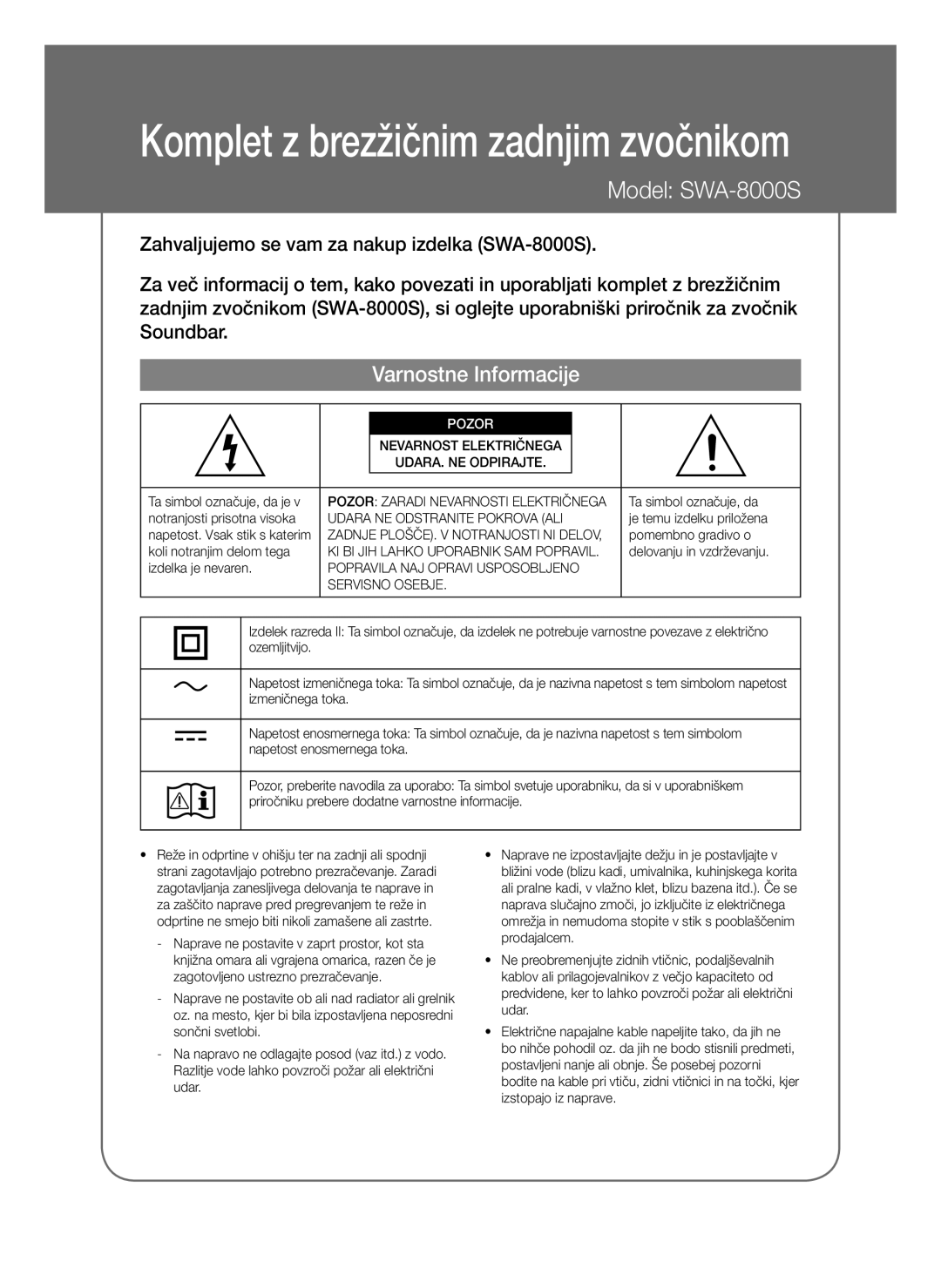 Samsung SWA-8000S/ZF, SWA-8000S/EN, SWA-8000S/XN, SWA-8000S/XE Varnostne Informacije, Pozor, Udara NE Odstranite Pokrova ALI 