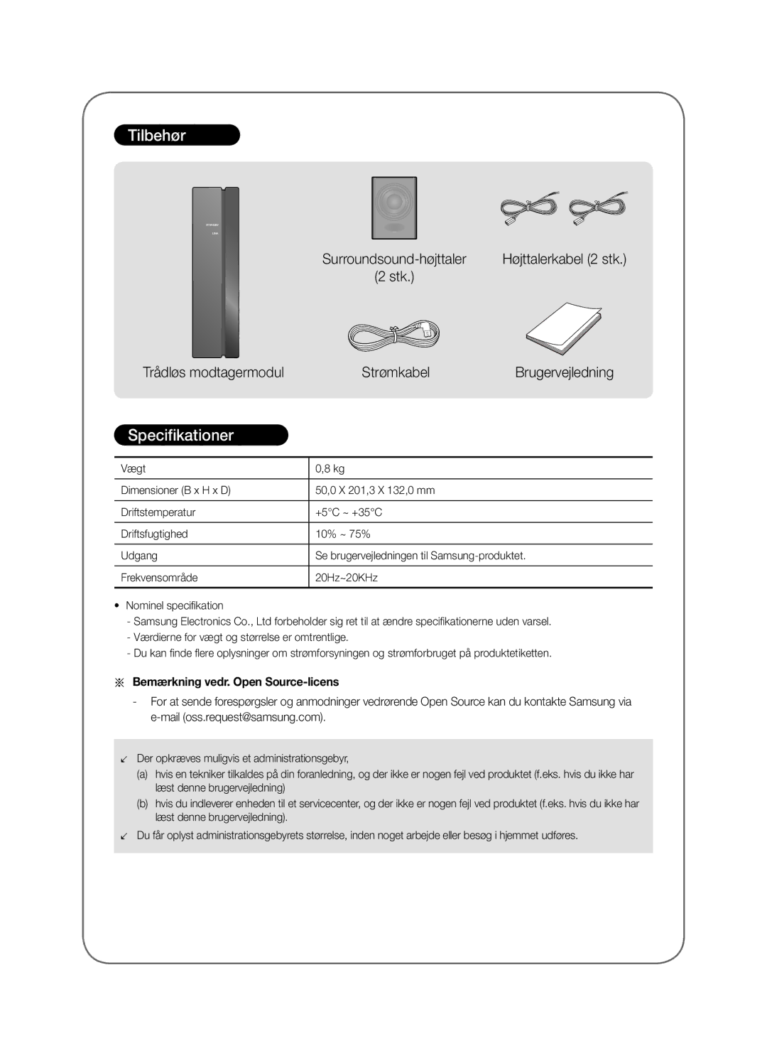 Samsung SWA-8000S/XN, SWA-8000S/EN, SWA-8000S/ZF manual Tilbehør, Specifikationer, Bemærkning vedr. Open Source-licens 