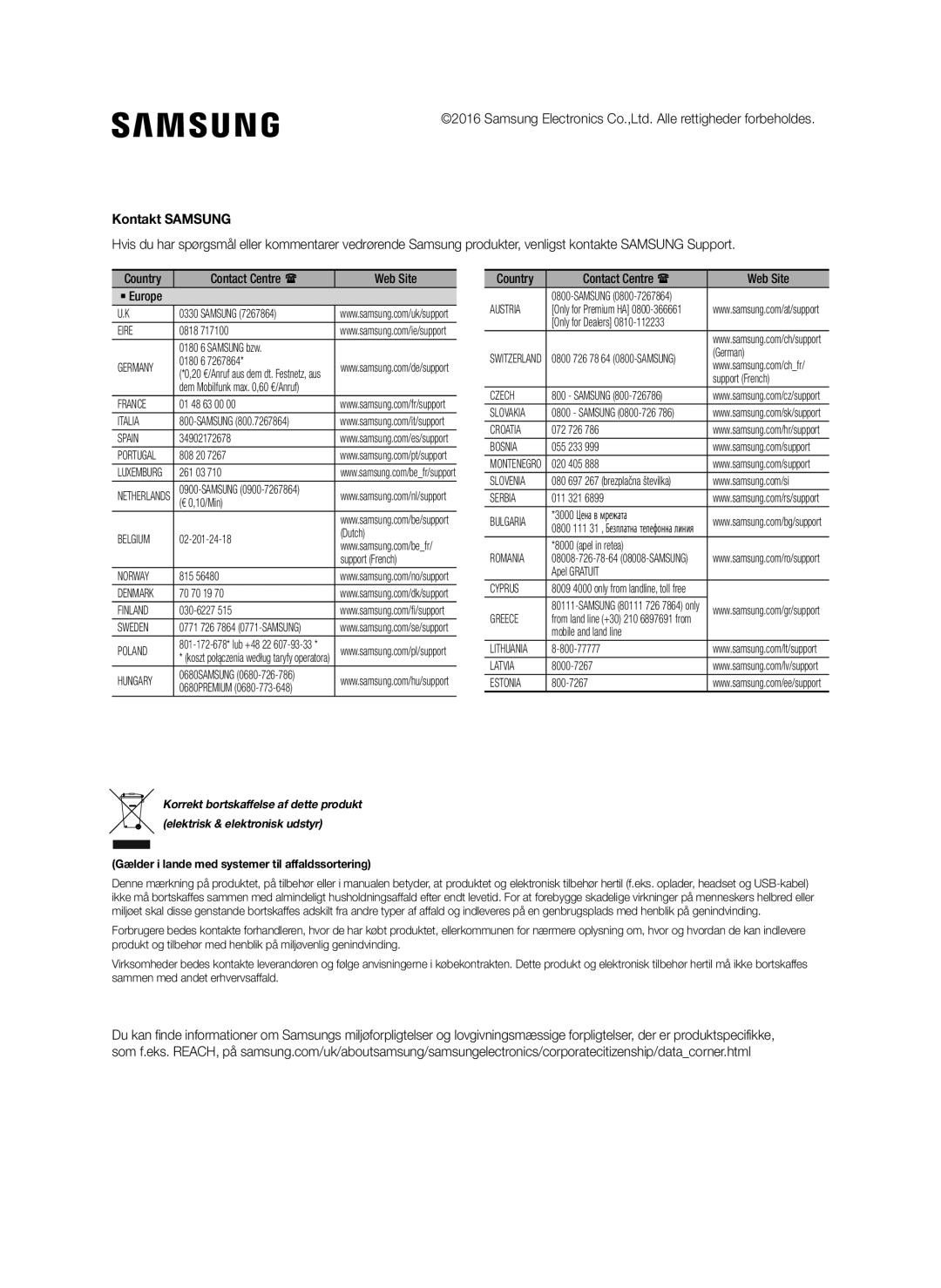 Samsung SWA-8000S/EN, SWA-8000S/ZF, SWA-8000S/XN manual Kontakt Samsung, Gælder i lande med systemer til affaldssortering 