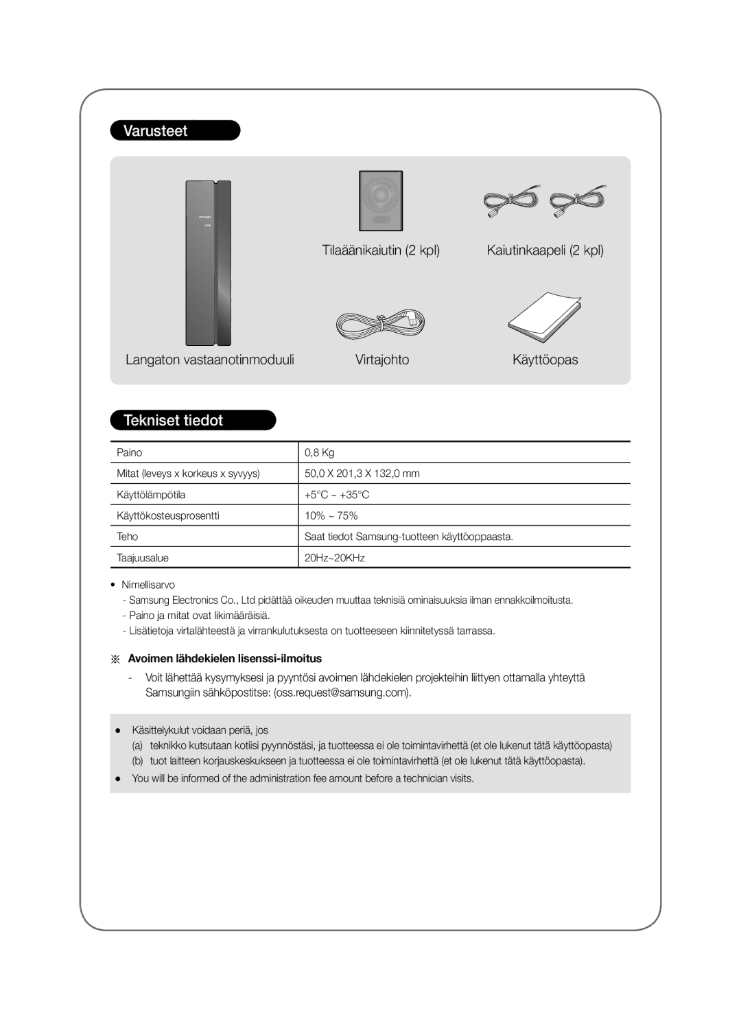 Samsung SWA-8000S/EN, SWA-8000S/ZF, SWA-8000S/XN manual Varusteet, Tekniset tiedot, Avoimen lähdekielen lisenssi-ilmoitus 