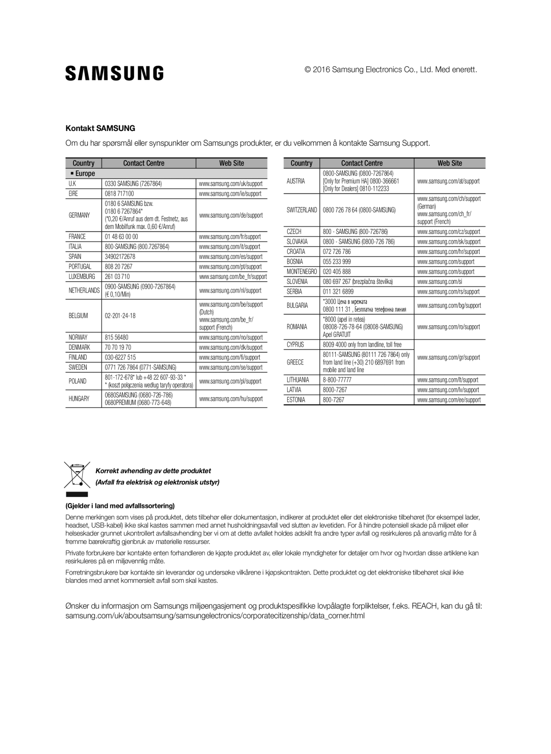 Samsung SWA-8000S/EN, SWA-8000S/ZF, SWA-8000S/XN manual Contact Centre  Web Site, Gjelder i land med avfallssortering 