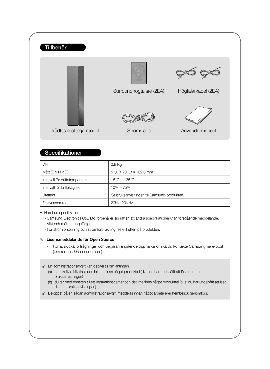 Samsung SWA-8000S/EN, SWA-8000S/ZF, SWA-8000S/XN, SWA-8000S/XE manual Tillbehör, Licensmeddelande för Open Source 