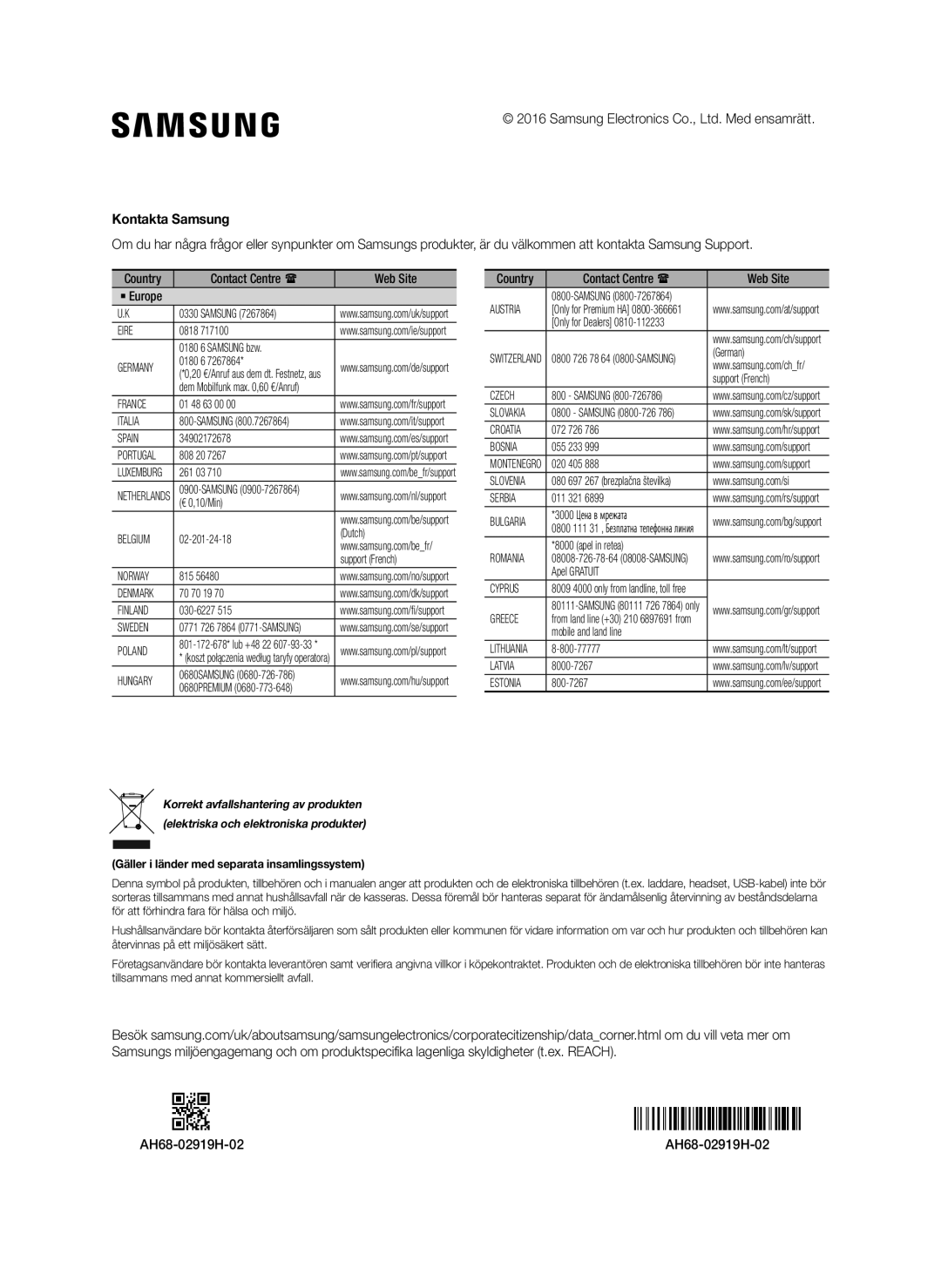 Samsung SWA-8000S/XN, SWA-8000S/EN, SWA-8000S/ZF, SWA-8000S/XE AH68-02919H-02, Gäller i länder med separata insamlingssystem 