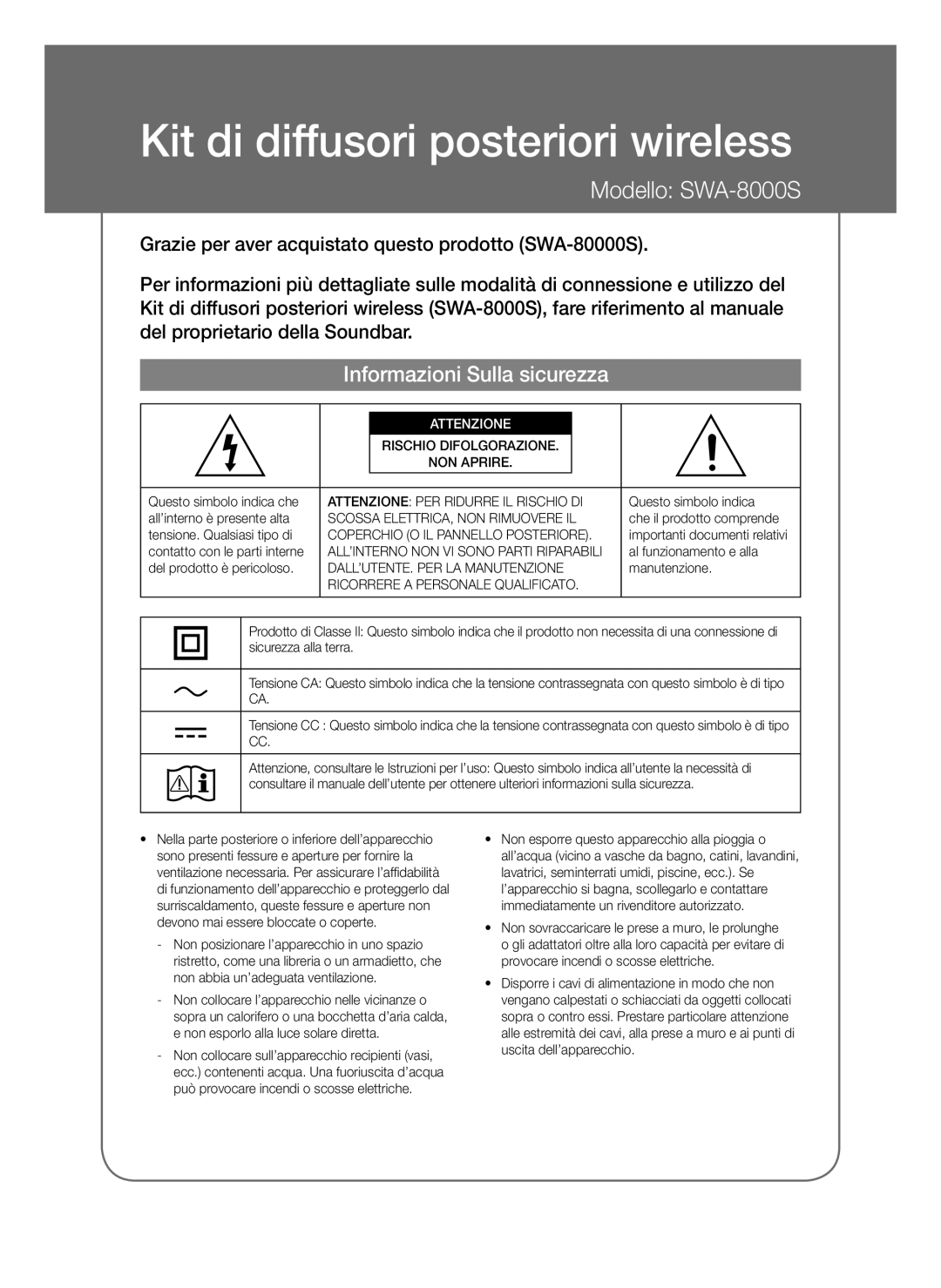 Samsung SWA-8000S/ZF, SWA-8000S/EN, SWA-8000S/XN manual Kit di diffusori posteriori wireless, Informazioni Sulla sicurezza 