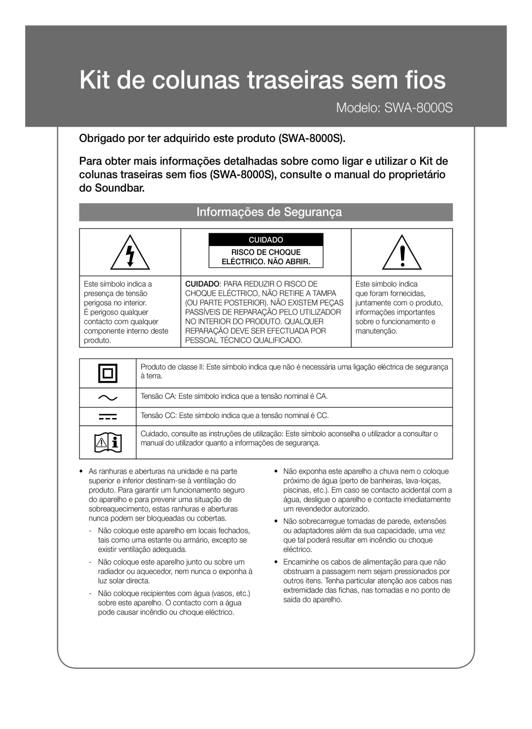 Samsung SWA-8000S/XE, SWA-8000S/EN, SWA-8000S/ZF, SWA-8000S/XN Kit de colunas traseiras sem fios, Informações de Segurança 