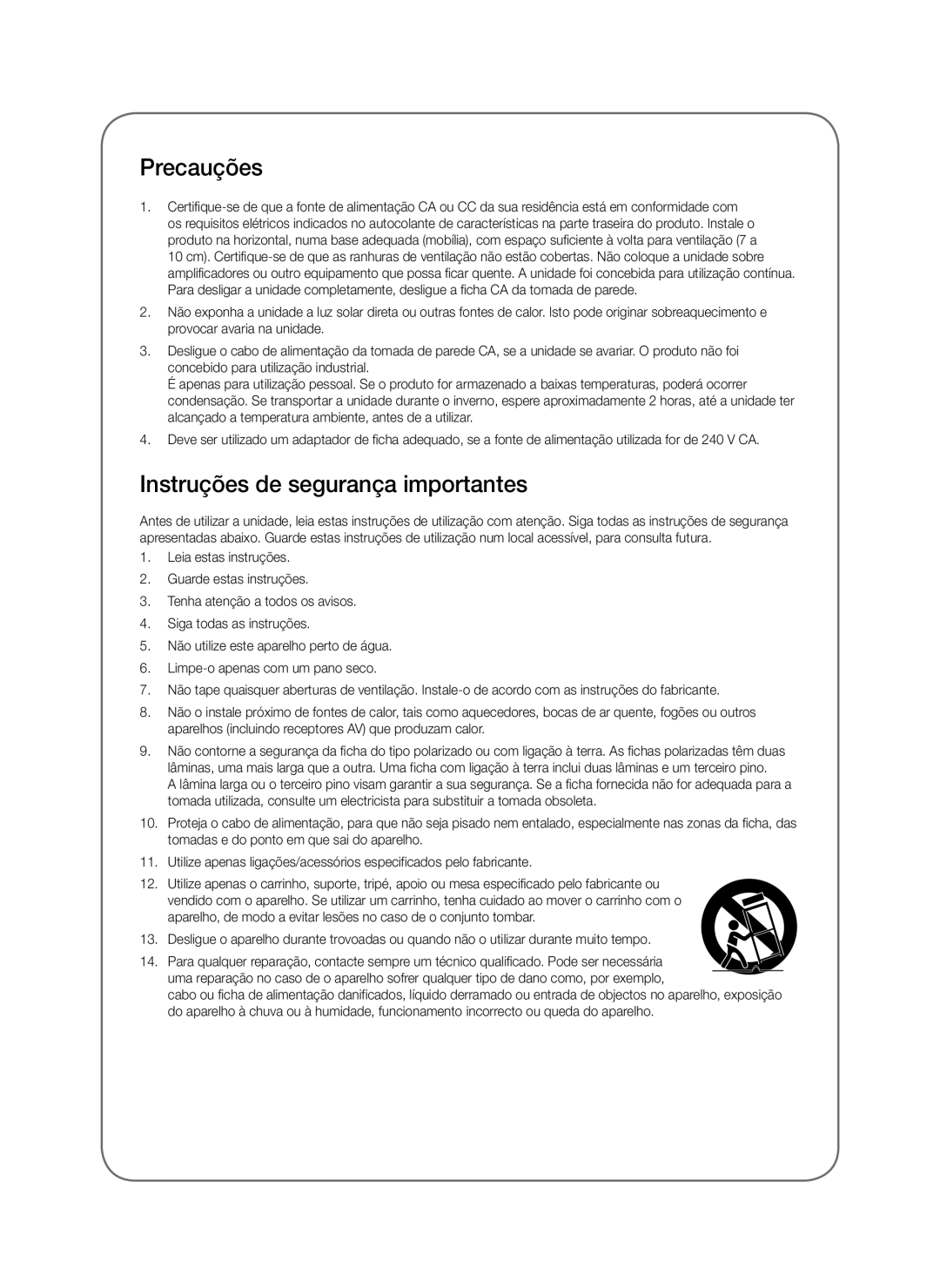 Samsung SWA-8000S/ZF, SWA-8000S/EN, SWA-8000S/XN, SWA-8000S/XE manual Precauções, Instruções de segurança importantes 