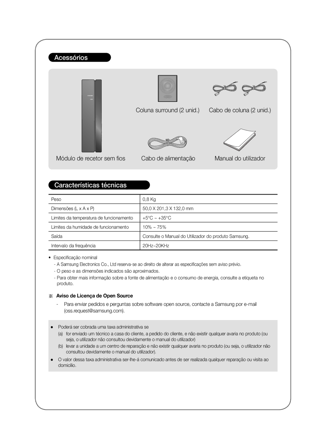 Samsung SWA-8000S/XN, SWA-8000S/EN manual Acessórios, Características técnicas, Aviso de Licença de Open Source, +5C ~ +35C 