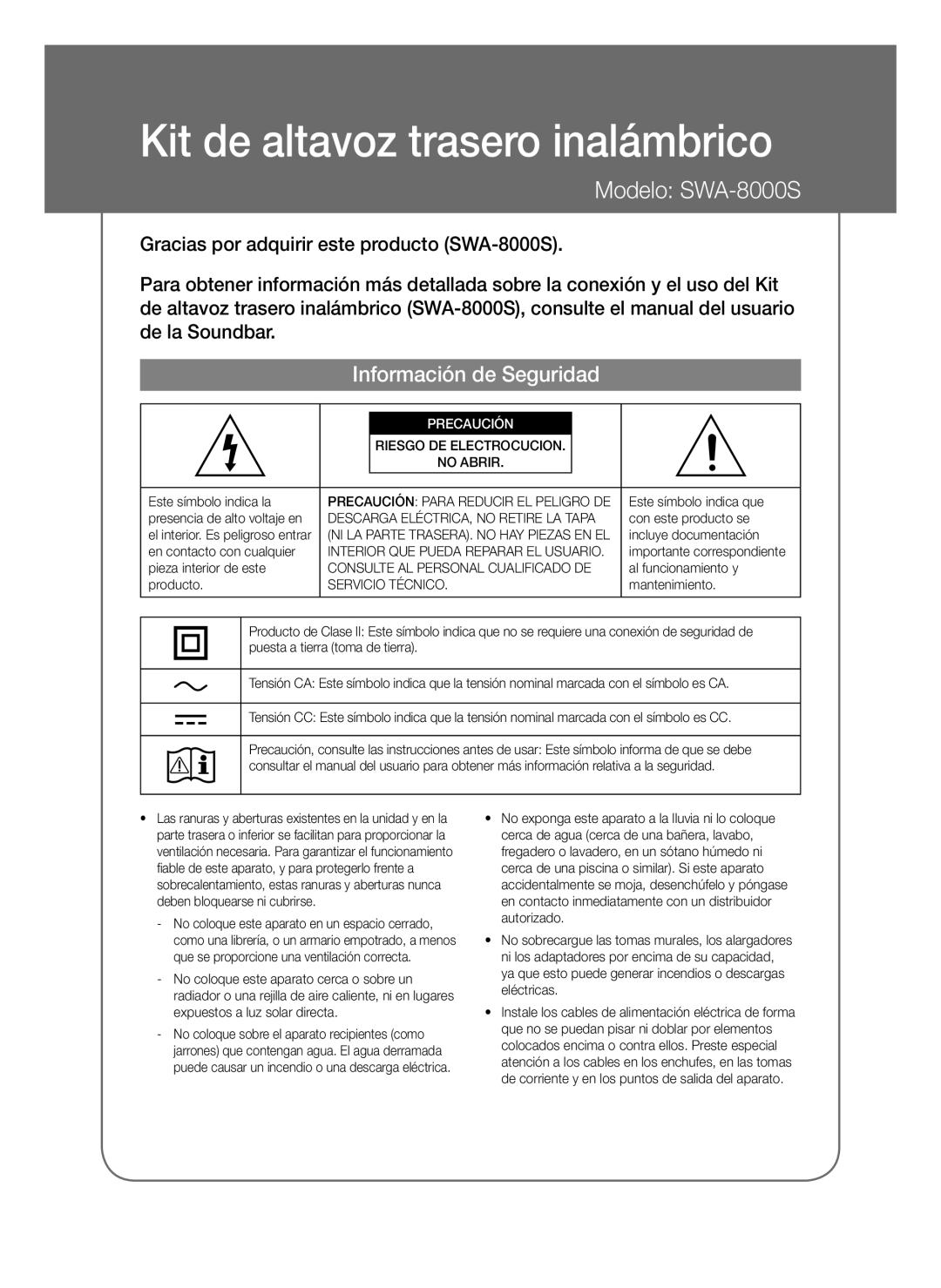 Samsung SWA-8000S/ZF, SWA-8000S/EN manual Kit de altavoz trasero inalámbrico, Información de Seguridad, Servicio Técnico 