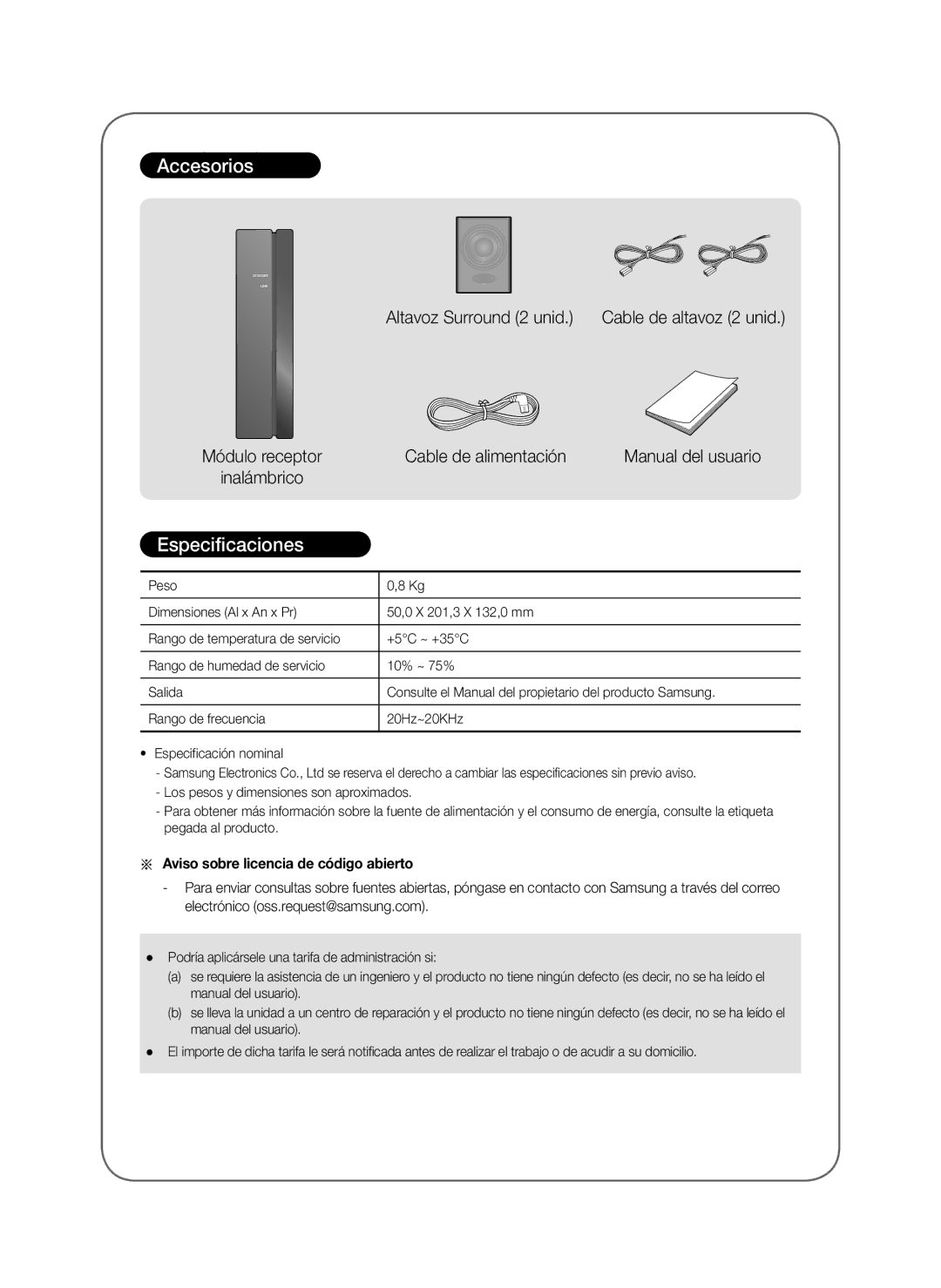 Samsung SWA-8000S/EN, SWA-8000S/ZF, SWA-8000S/XN manual Accesorios, Especificaciones, Aviso sobre licencia de código abierto 