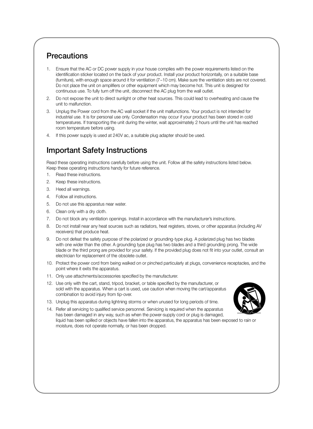 Samsung SWA-8000S/XE, SWA-8000S/EN, SWA-8000S/ZF, SWA-8000S/XN manual Precautions, Important Safety Instructions 