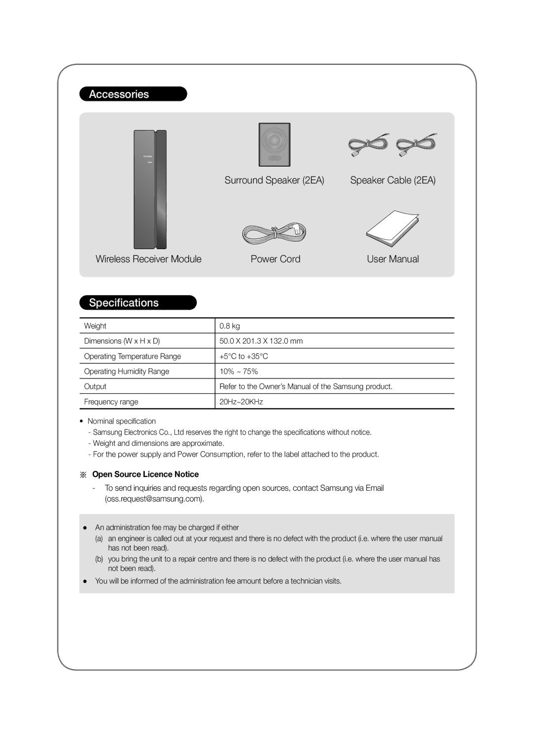 Samsung SWA-8000S/EN, SWA-8000S/ZF, SWA-8000S/XN, SWA-8000S/XE manual Accessories, Specifications, Open Source Licence Notice 