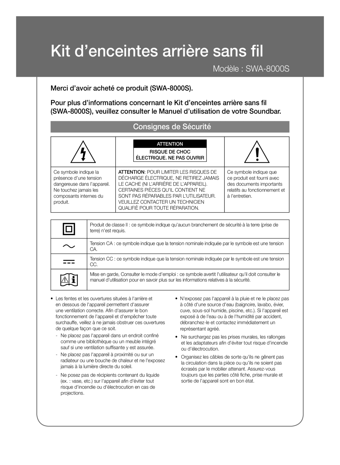 Samsung SWA-8000S/XE manual Kit d’enceintes arrière sans fil, Consignes de Sécurité, LE Cache NI L’ARRIÈRE DE L’APPAREIL 