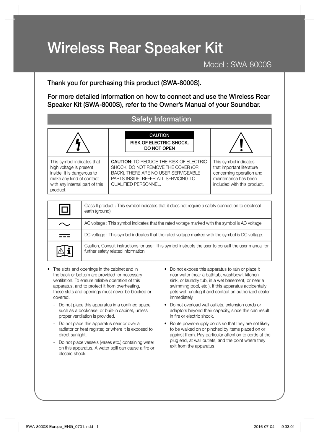 Samsung SWA-8000S/ZF manual Safety Information, SHOCK, do not Remove the Cover or, Parts INSIDE. Refer ALL Servicing to 