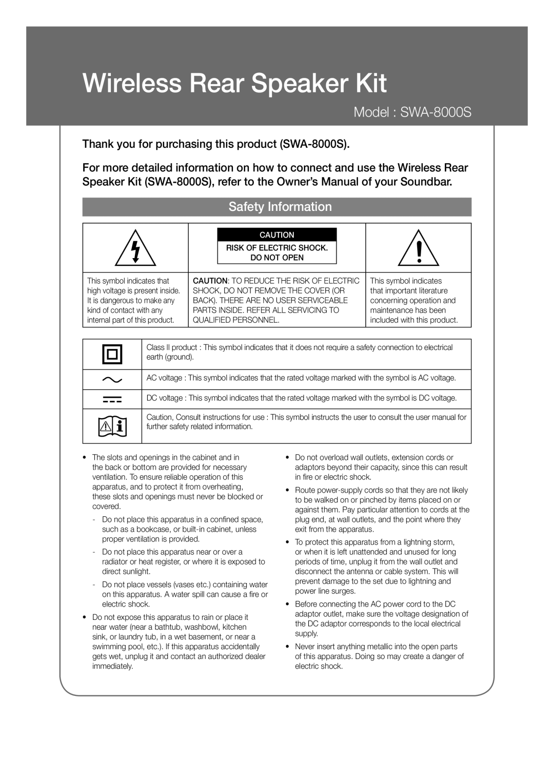 Samsung SWA-8000S/ZF manual SHOCK, do not Remove the Cover or, Parts INSIDE. Refer ALL Servicing to, Qualified Personnel 