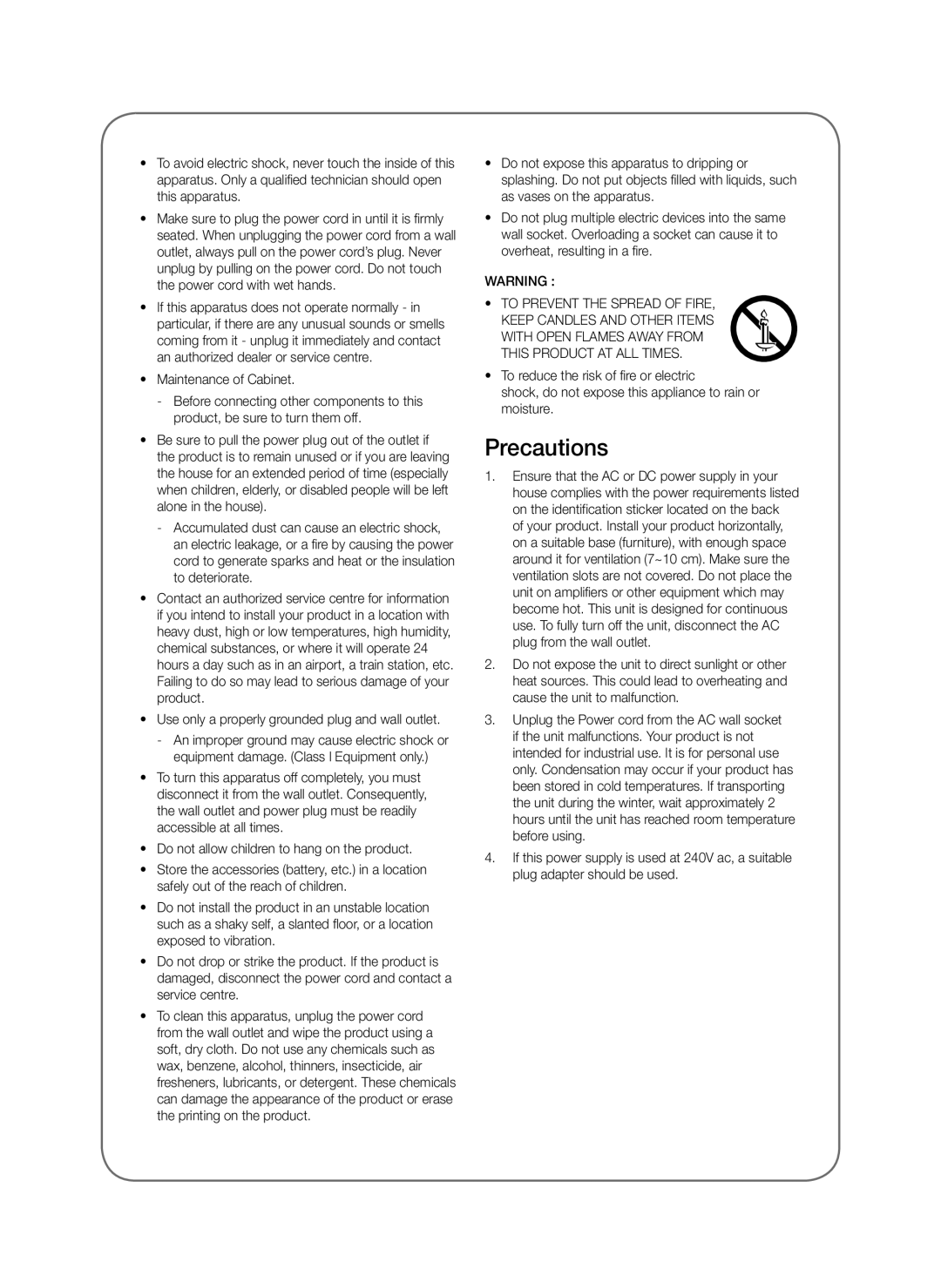 Samsung SWA-8000S/XN, SWA-8000S/EN, SWA-8000S/ZF manual Precautions, Use only a properly grounded plug and wall outlet 