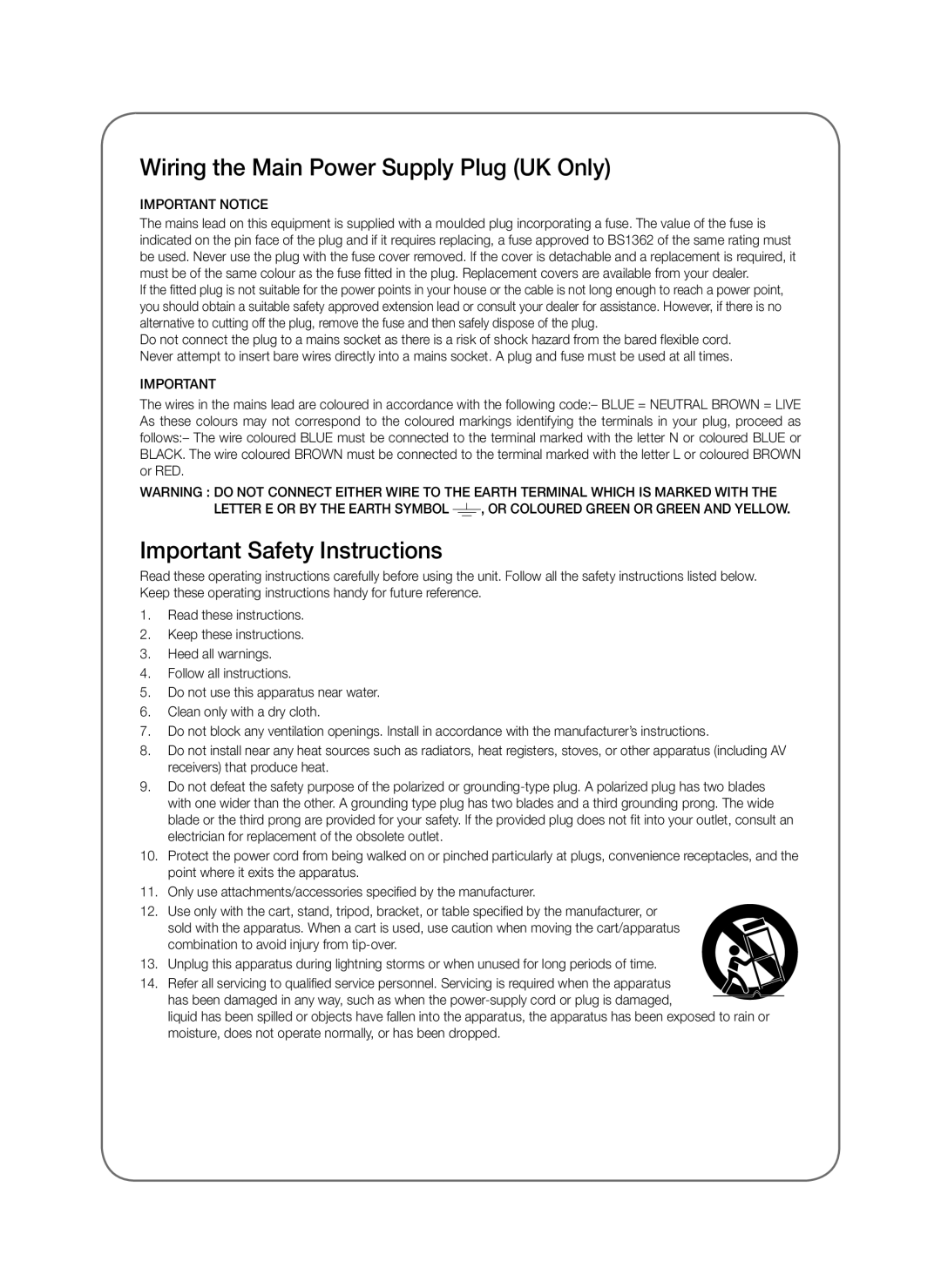 Samsung SWA-8000S/XE manual Wiring the Main Power Supply Plug UK Only, Important Safety Instructions, Important Notice 