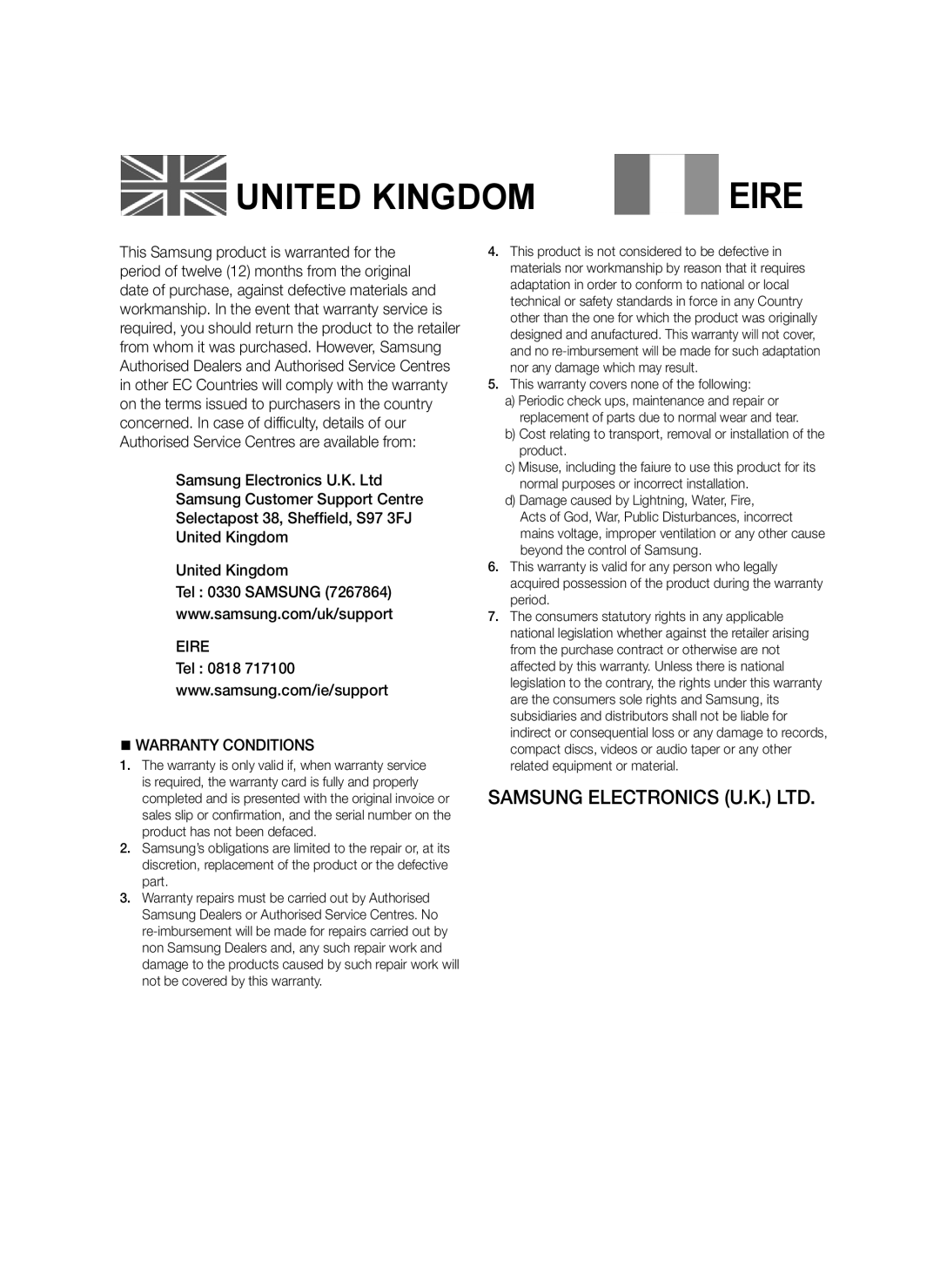 Samsung SWA-8000S/XN, SWA-8000S/EN, SWA-8000S/ZF, SWA-8000S/XE United Kingdom, This warranty covers none of the following 