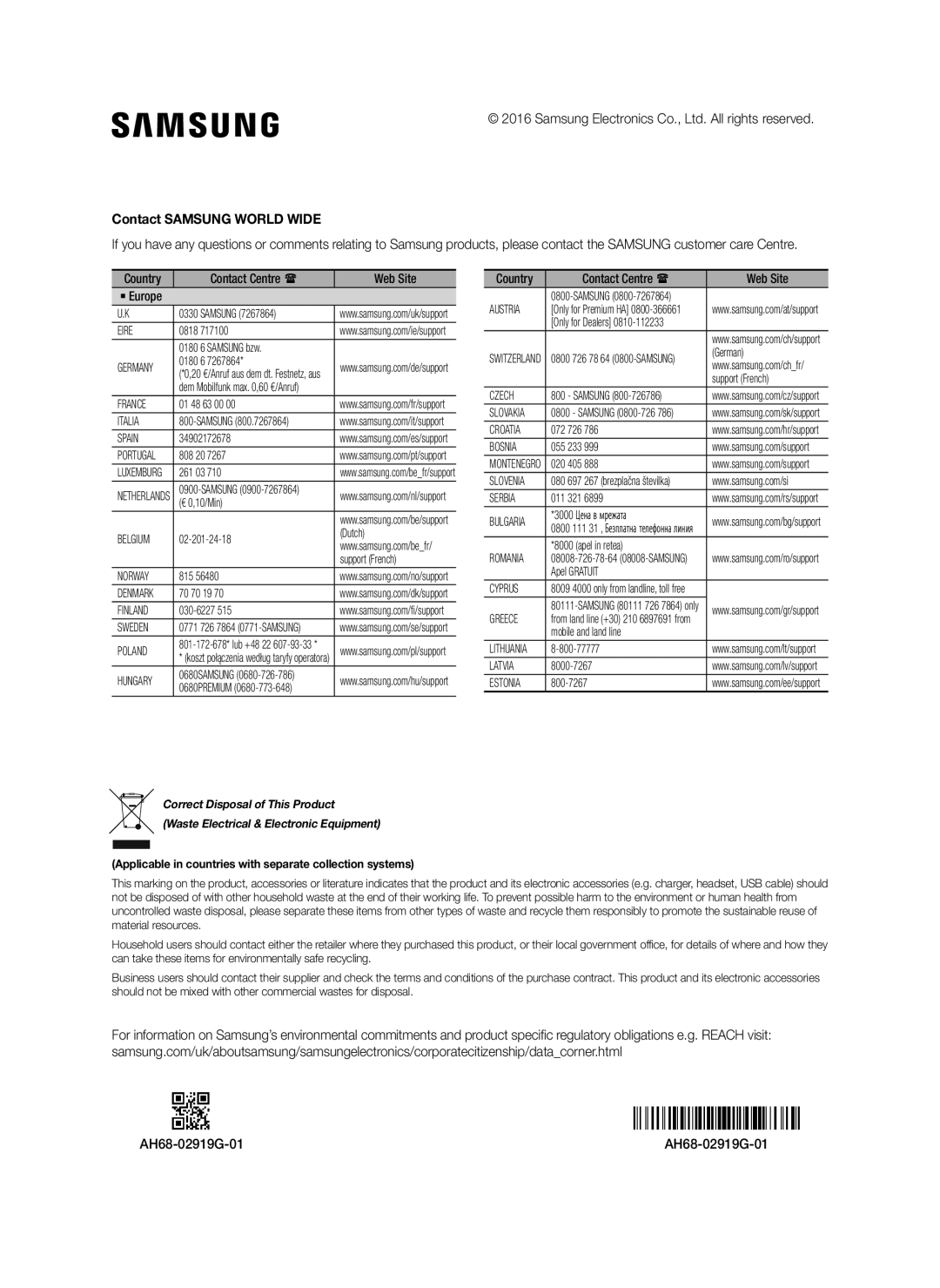 Samsung SWA-8000S/XE, SWA-8000S/EN, SWA-8000S/ZF, SWA-8000S/XN manual Contact Centre  Web Site, AH68-02919G-01 