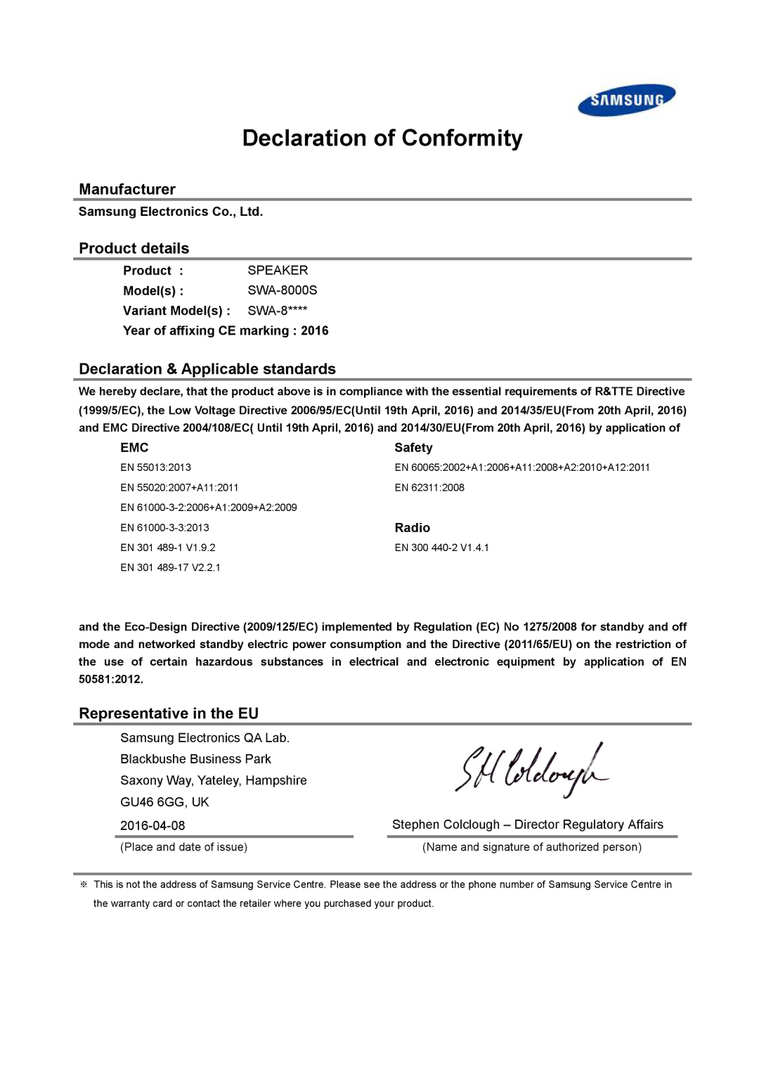 Samsung SWA-8000S/ZF manual Declaration of Conformity, Manufacturer Product details, Declaration & Applicable standards 