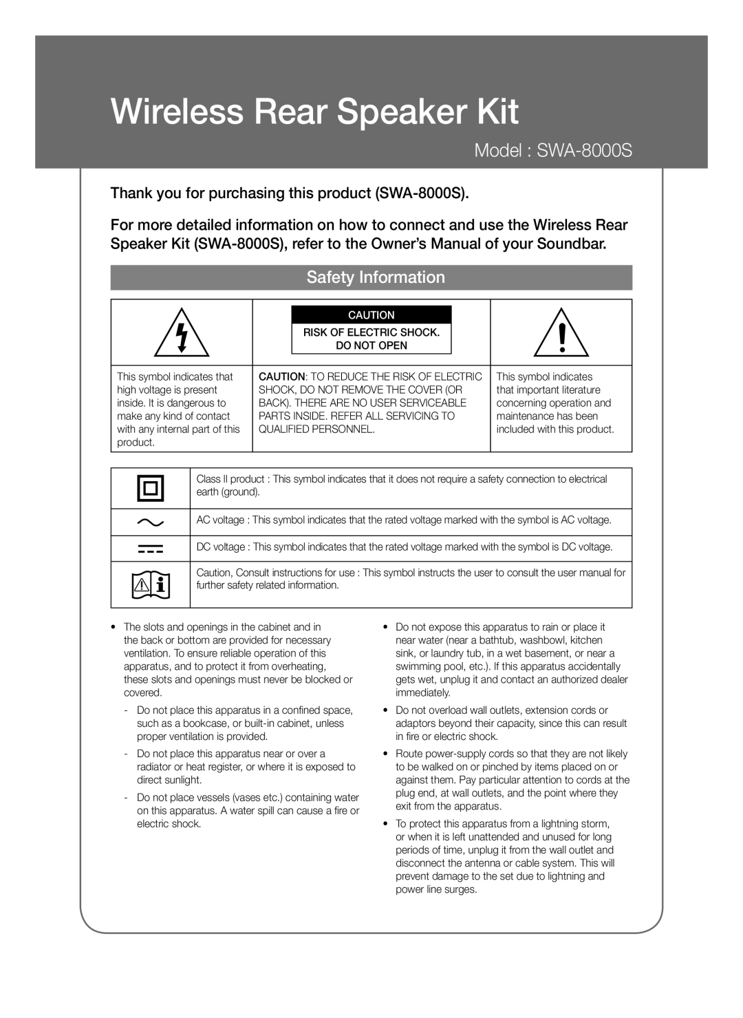 Samsung SWA-8000S/XV manual Wireless Rear Speaker Kit 