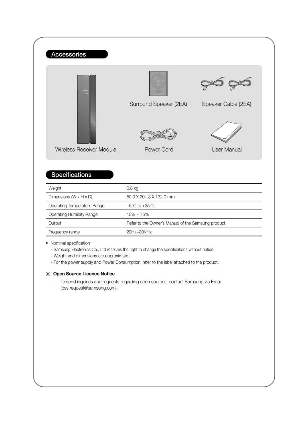 Samsung SWA-8000S/XV manual Accessories, Specifications, Open Source Licence Notice 