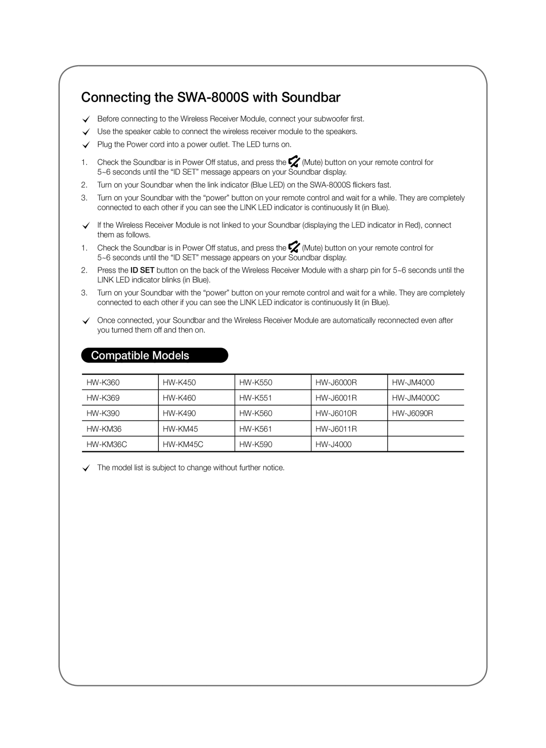 Samsung SWA-8000S/XV manual Connecting the SWA-8000S with Soundbar, Compatible Models 