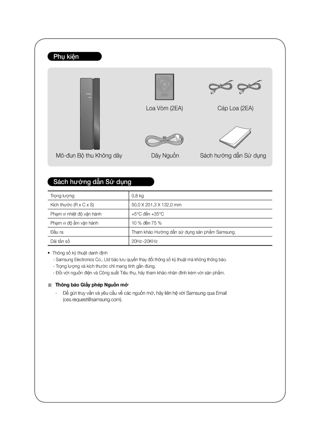 Samsung SWA-8000S/XV manual Phụ kiện, Sách hướng dẫn Sử dụng, Thông báo Giấy phép Nguồn mở 