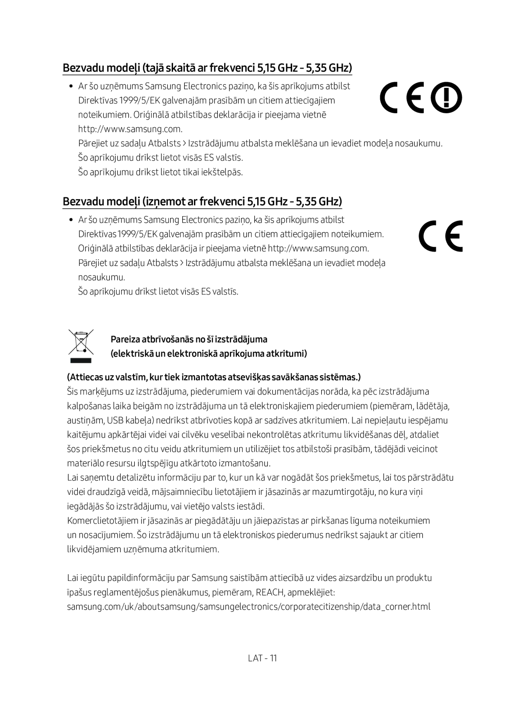 Samsung SWA-8500S/EN manual Bezvadu modeļi tajā skaitā ar frekvenci 5,15 GHz 5,35 GHz 