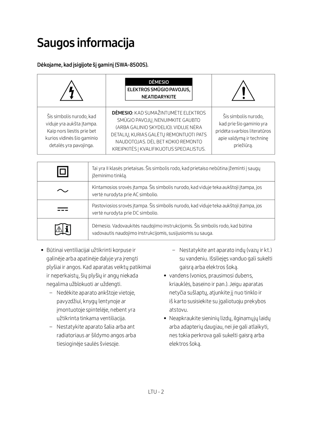 Samsung SWA-8500S/EN manual Saugos informacija, Dėkojame, kad įsigijote šį gaminį SWA-8500S, Dėmesio 