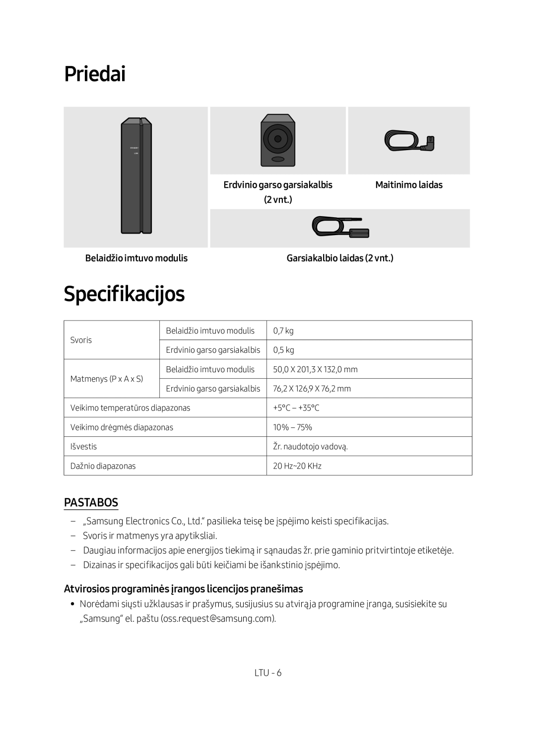 Samsung SWA-8500S/EN manual Priedai, Specifikacijos, Atvirosios programinės įrangos licencijos pranešimas 