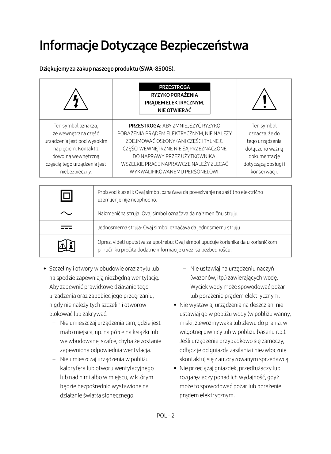 Samsung SWA-8500S/EN manual Informacje Dotyczące Bezpieczeństwa, Dziękujemy za zakup naszego produktu SWA-8500S, Przestroga 