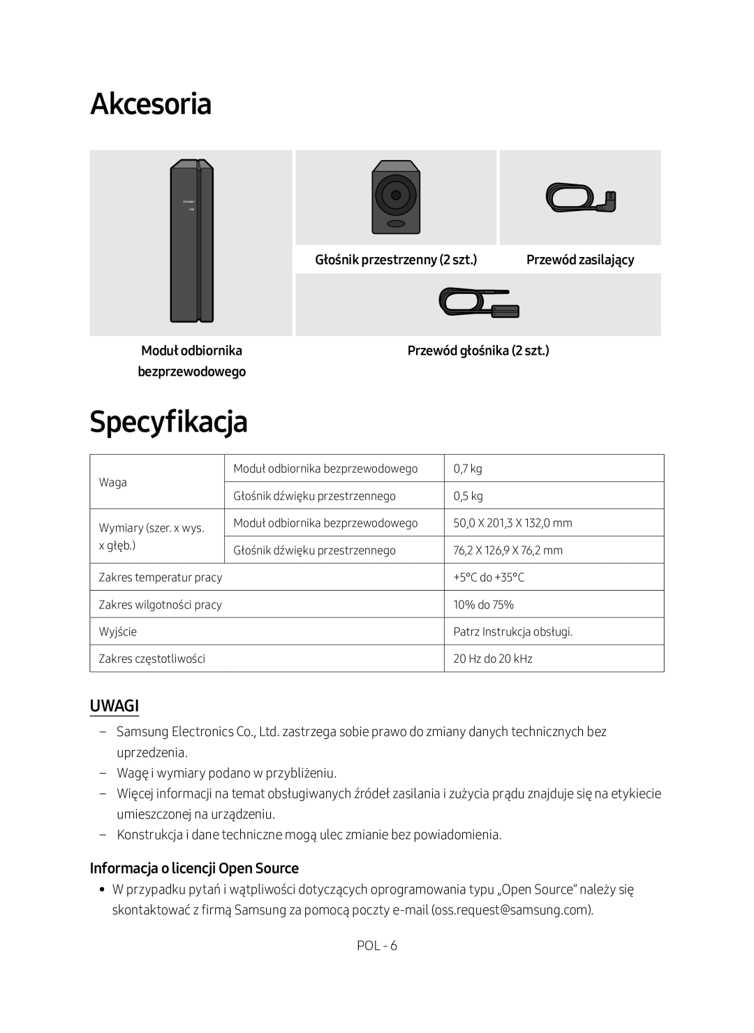 Samsung SWA-8500S/EN manual Akcesoria, Specyfikacja, Informacja o licencji Open Source, Głośnik przestrzenny 2 szt 