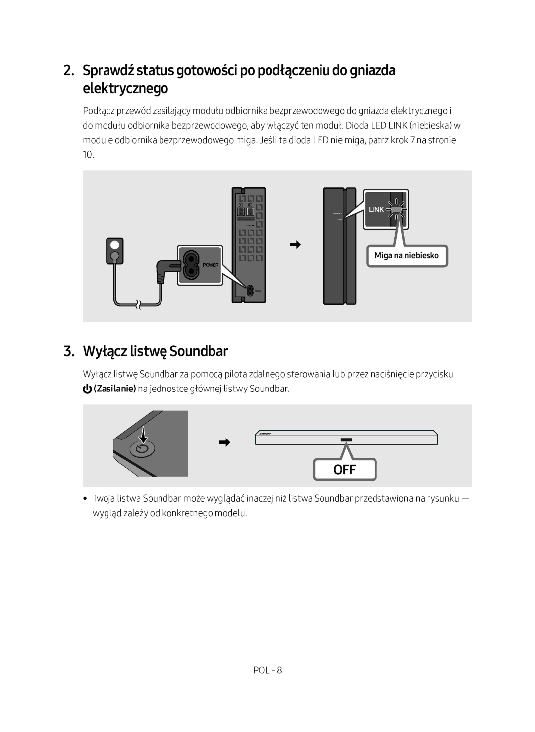 Samsung SWA-8500S/EN manual Wyłącz listwę Soundbar, Miga na niebiesko 