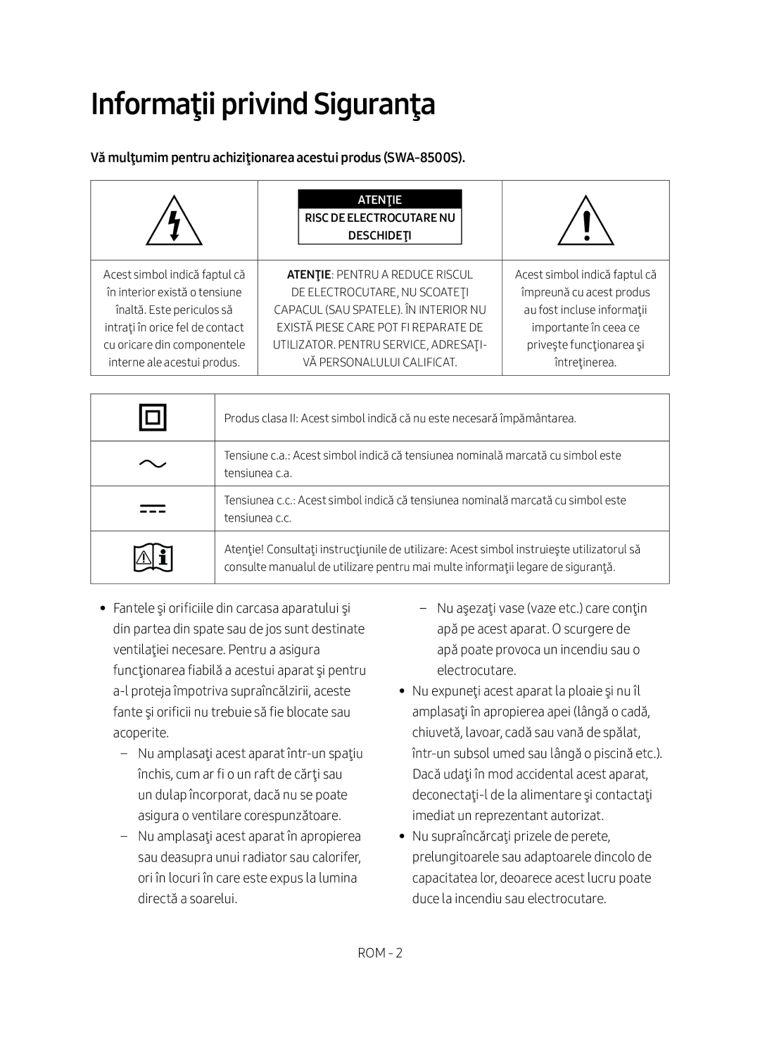 Samsung SWA-8500S/EN Informaţii privind Siguranţa, Vă mulţumim pentru achiziţionarea acestui produs SWA-8500S, Atenţie 