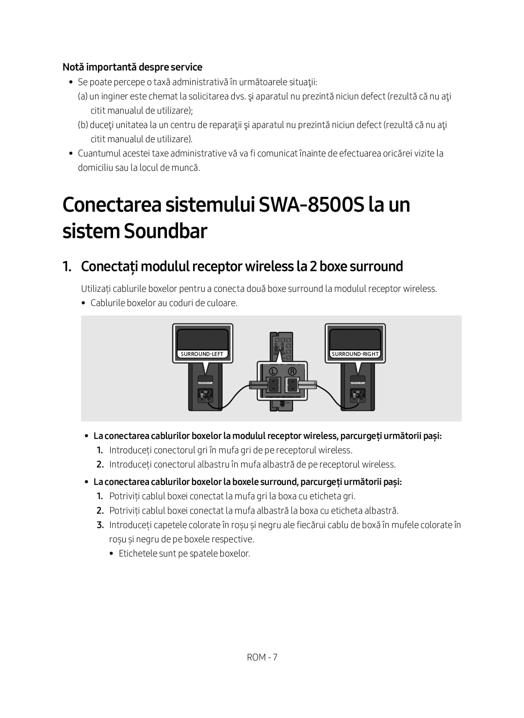 Samsung SWA-8500S/EN manual Conectarea sistemului SWA-8500S la un sistem Soundbar, Notă importantă despre service 