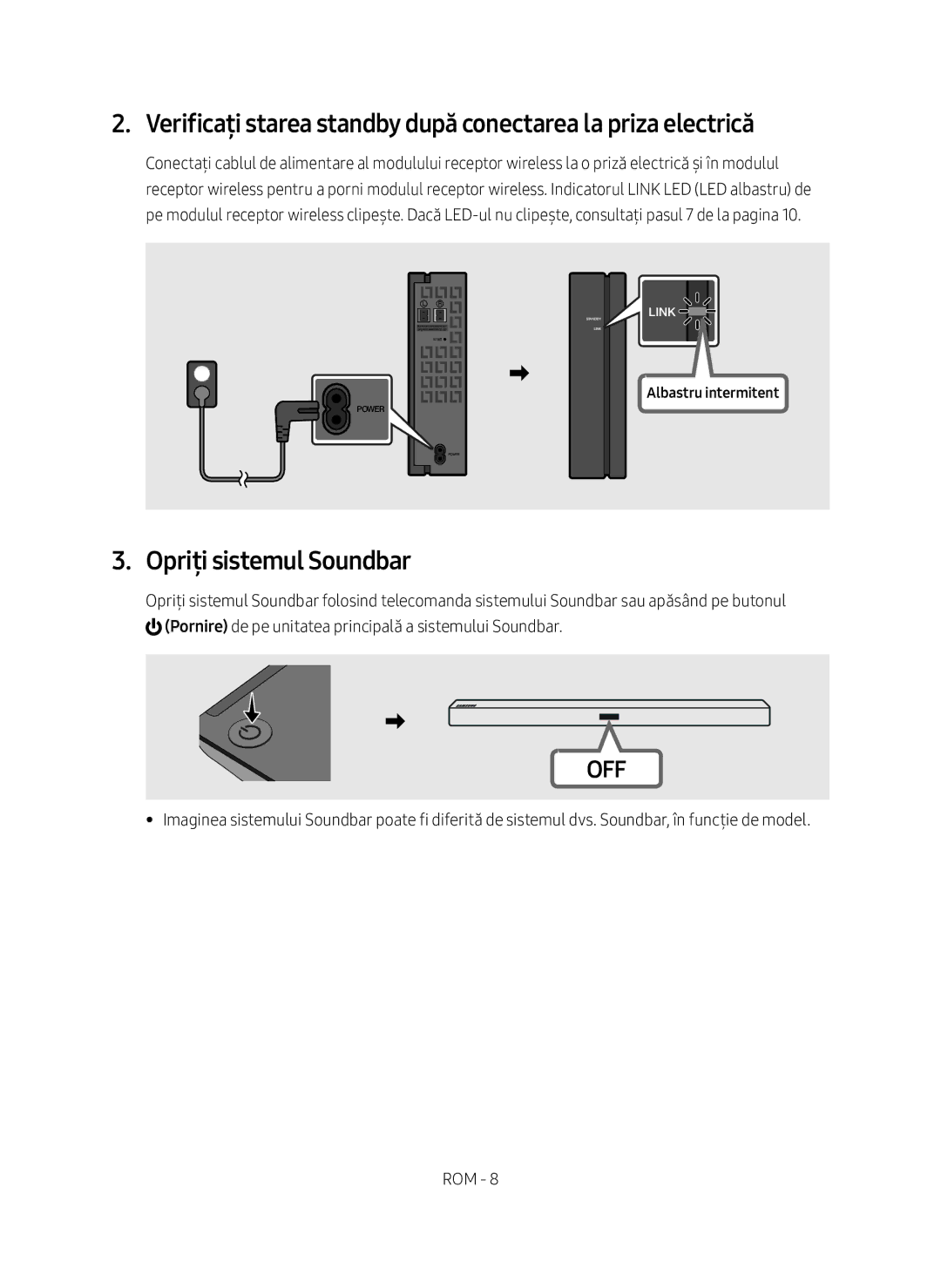 Samsung SWA-8500S/EN manual Opriți sistemul Soundbar, Albastru intermitent 