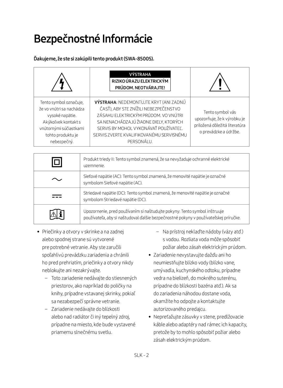 Samsung SWA-8500S/EN manual Bezpečnostné Informácie, Ďakujeme, že ste si zakúpili tento produkt SWA-8500S 