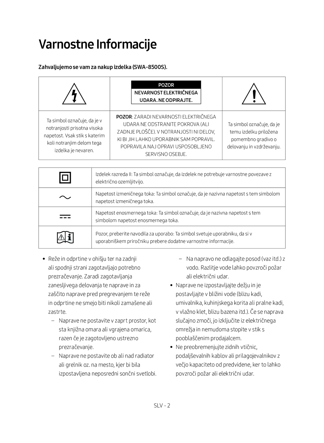 Samsung SWA-8500S/EN manual Varnostne Informacije, Zahvaljujemo se vam za nakup izdelka SWA-8500S, Pozor 