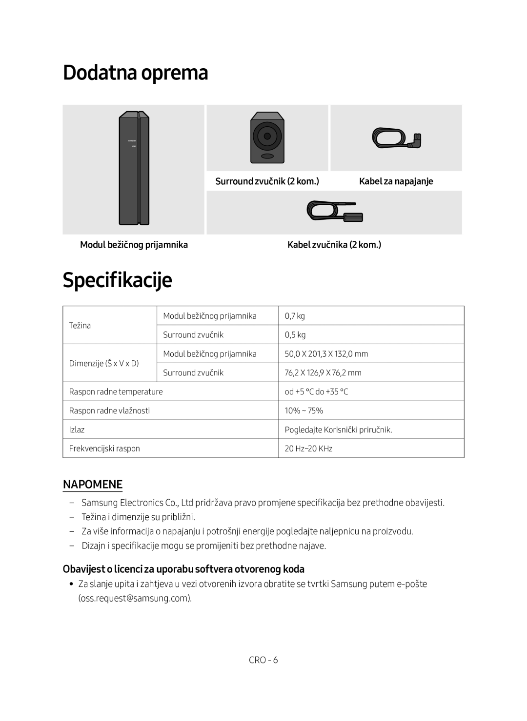 Samsung SWA-8500S/EN manual Dodatna oprema, Specifikacije, Obavijest o licenci za uporabu softvera otvorenog koda 