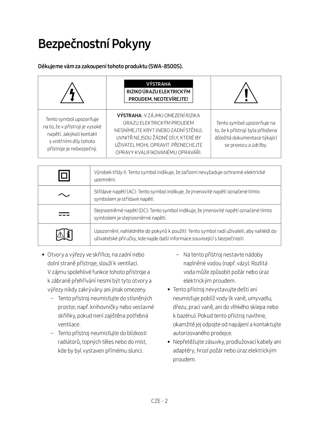 Samsung SWA-8500S/EN manual Bezpečnostní Pokyny, Děkujeme vám za zakoupení tohoto produktu SWA-8500S, Výstraha 