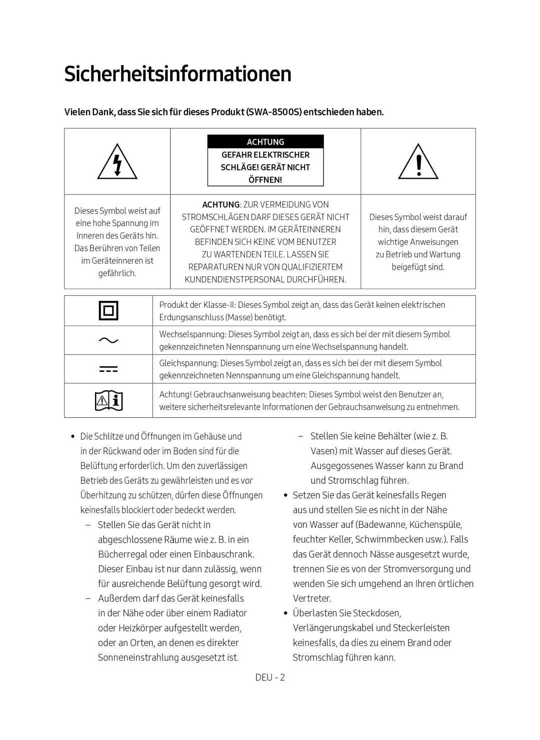 Samsung SWA-8500S/EN manual Sicherheitsinformationen, Achtung 