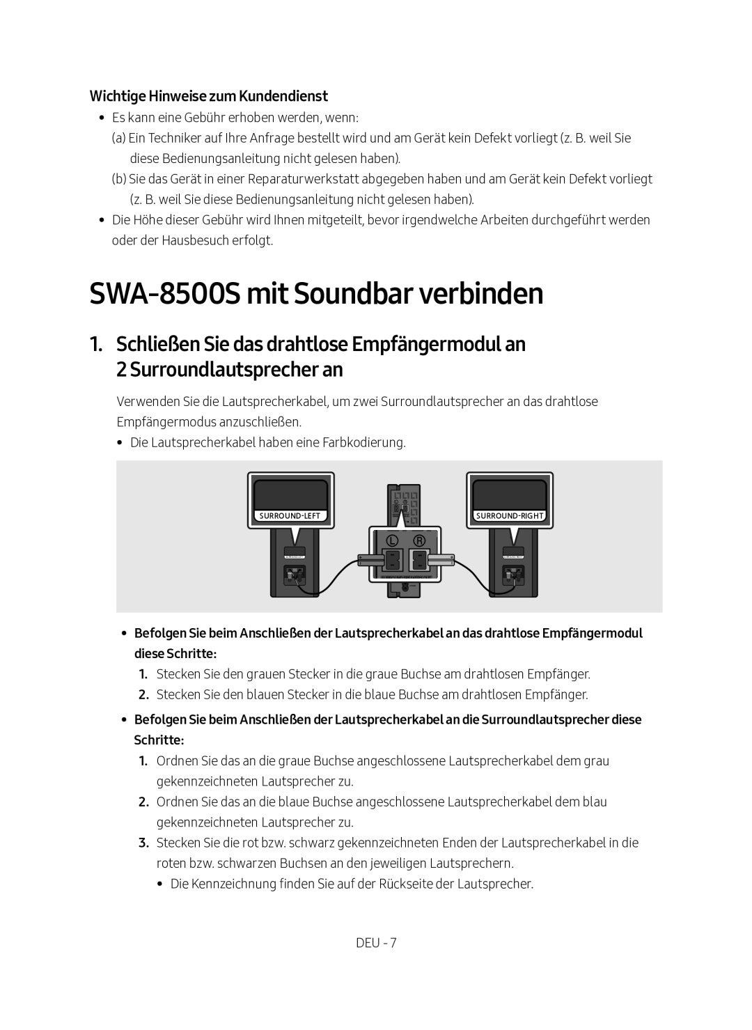 Samsung SWA-8500S/EN manual SWA-8500S mit Soundbar verbinden, Wichtige Hinweise zum Kundendienst, Schritte 