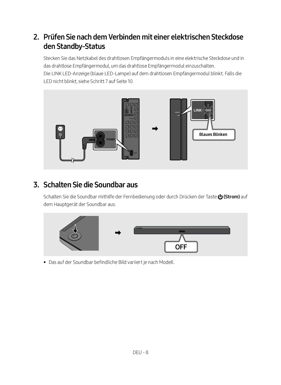 Samsung SWA-8500S/EN manual Schalten Sie die Soundbar aus, Blaues Blinken 