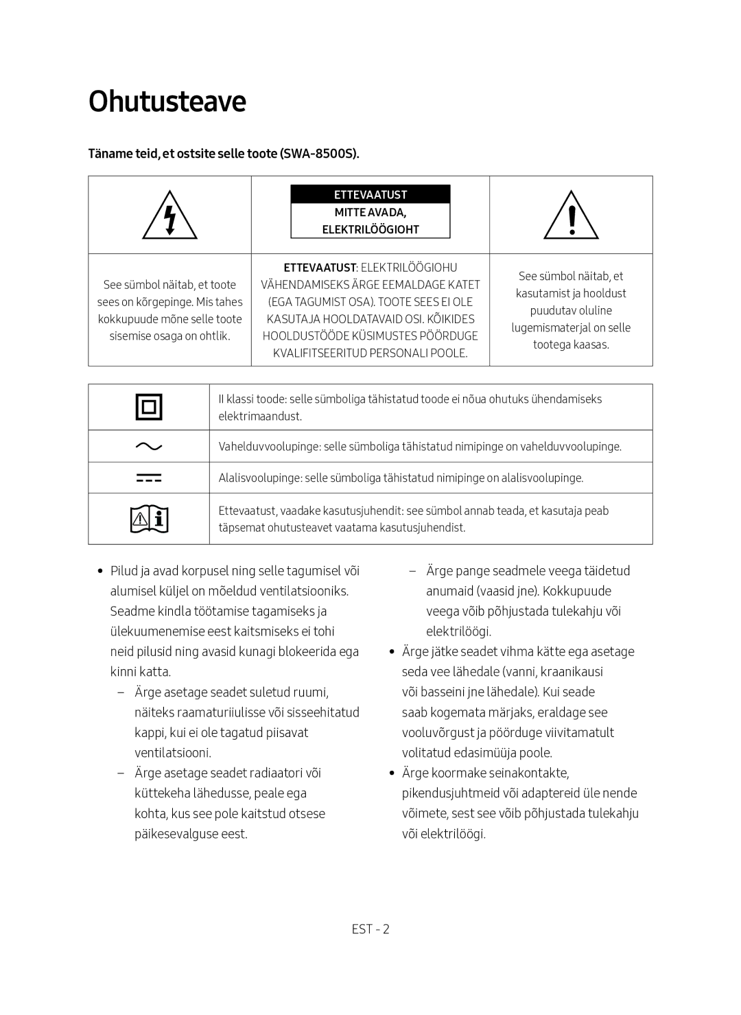 Samsung SWA-8500S/EN manual Ohutusteave, Täname teid, et ostsite selle toote SWA-8500S, Ettevaatust 