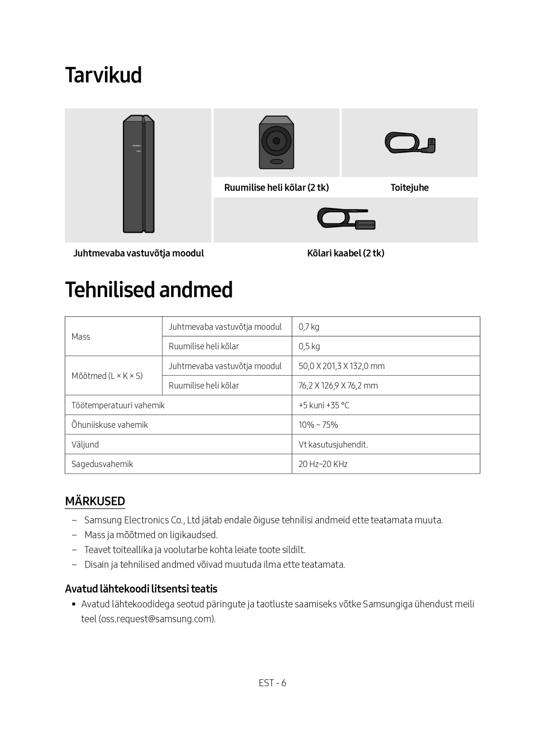 Samsung SWA-8500S/EN manual Tarvikud, Tehnilised andmed, Avatud lähtekoodi litsentsi teatis, Kõlari kaabel 2 tk 