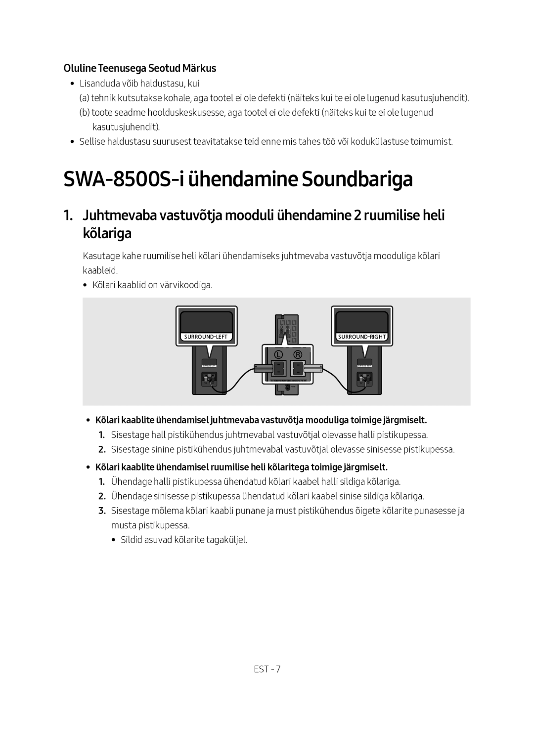 Samsung SWA-8500S/EN manual SWA-8500S-i ühendamine Soundbariga, Oluline Teenusega Seotud Märkus 