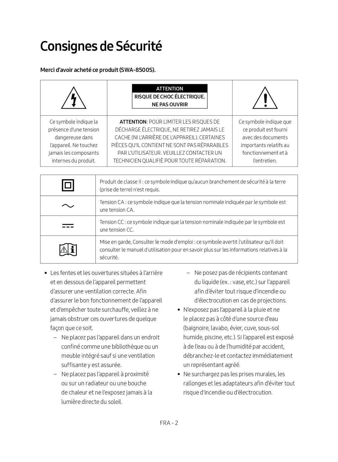 Samsung SWA-8500S/EN manual Consignes de Sécurité, Merci d’avoir acheté ce produit SWA-8500S 