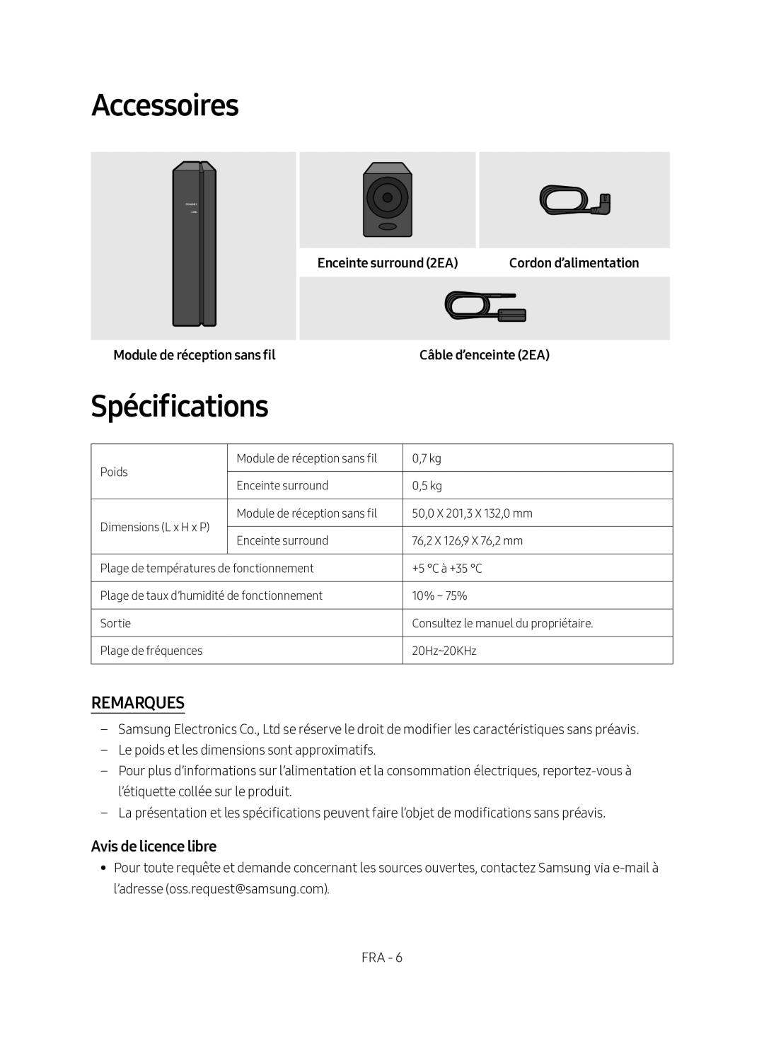 Samsung SWA-8500S/EN manual Accessoires, Spécifications, Avis de licence libre 